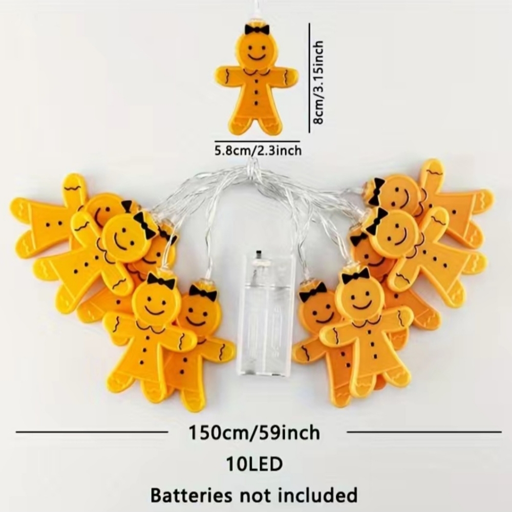 New Gingerbread Man Woman String Of 10 LED Lights Battery Operated.